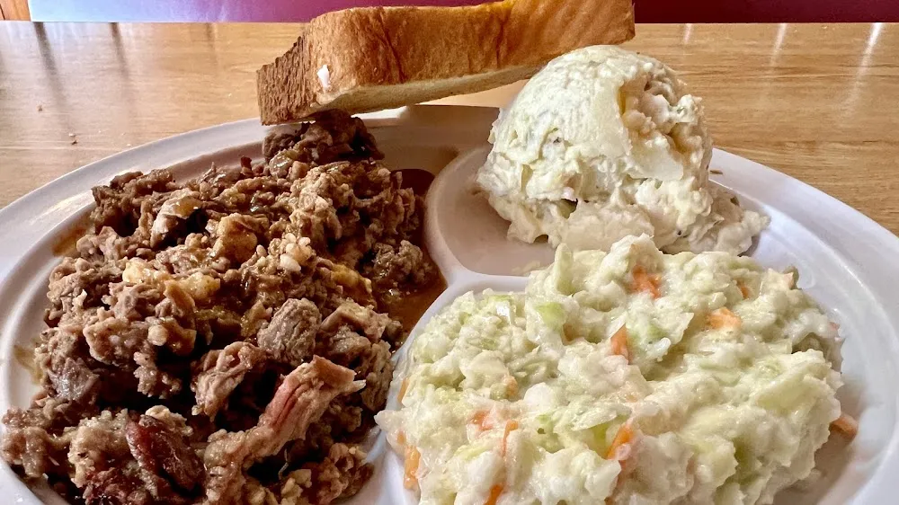 BBQ Beef with Potato Salad and Coleslaw